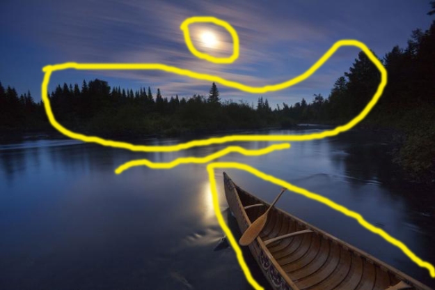 Canoe of water at night draw over